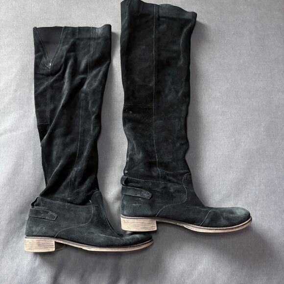 Suede Slouch Tall Boots Boutique 9 Black  Size 39 Stacked Heel Fall Style - Picture 9 of 9